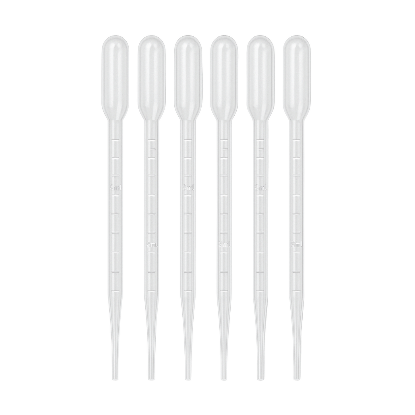 Set of six clear plastic pipettes on a white background
