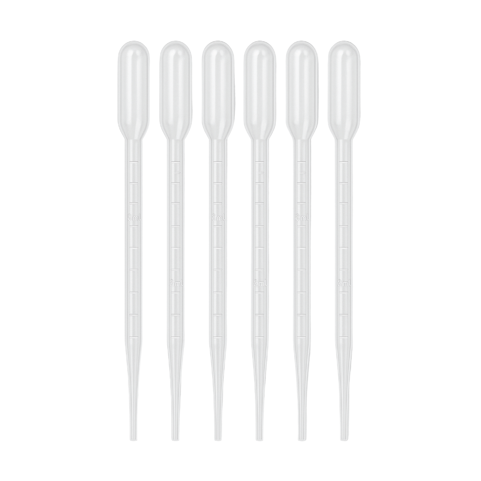 Set of six clear plastic pipettes on a white background