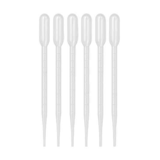 Set of six clear plastic pipettes on a white background